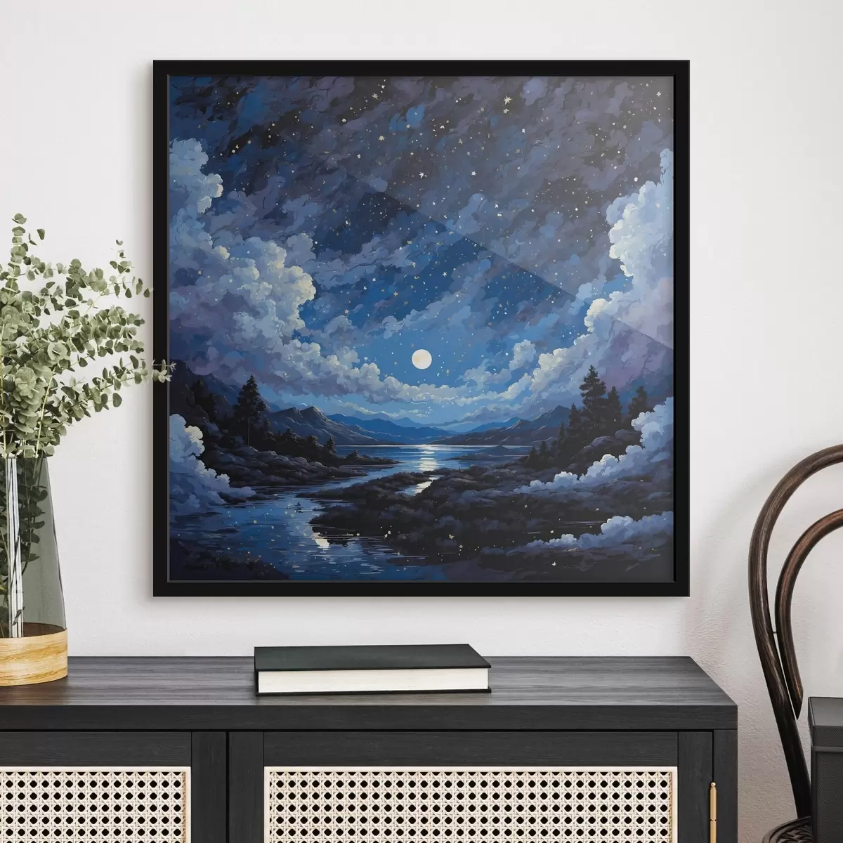 Poster Nachthemel met maan en sterren boven berglandschap f44872