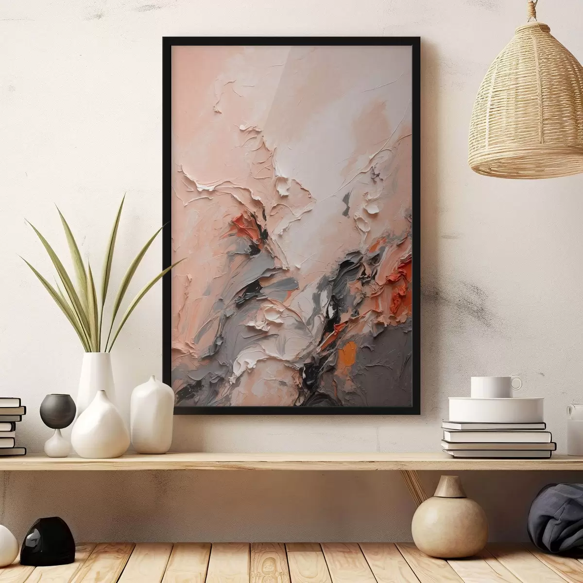 Affiche Abstrait dans les tons gris pêche avec des traits texturés f44873