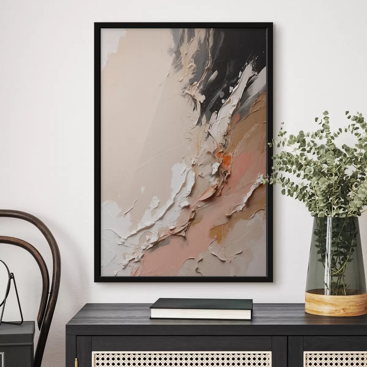 Poster Beige en zwarte abstractie met accenten van roze en wit f44875