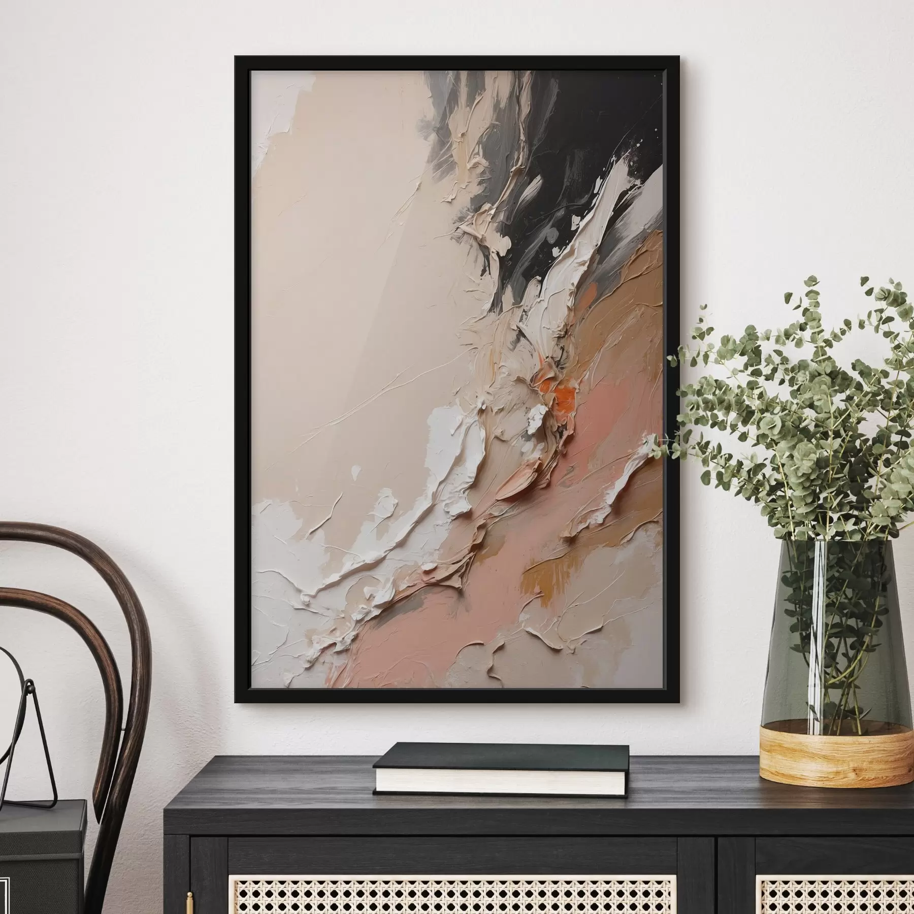  Schilderijen Beige en zwarte abstractie met accenten van roze en wit f44875