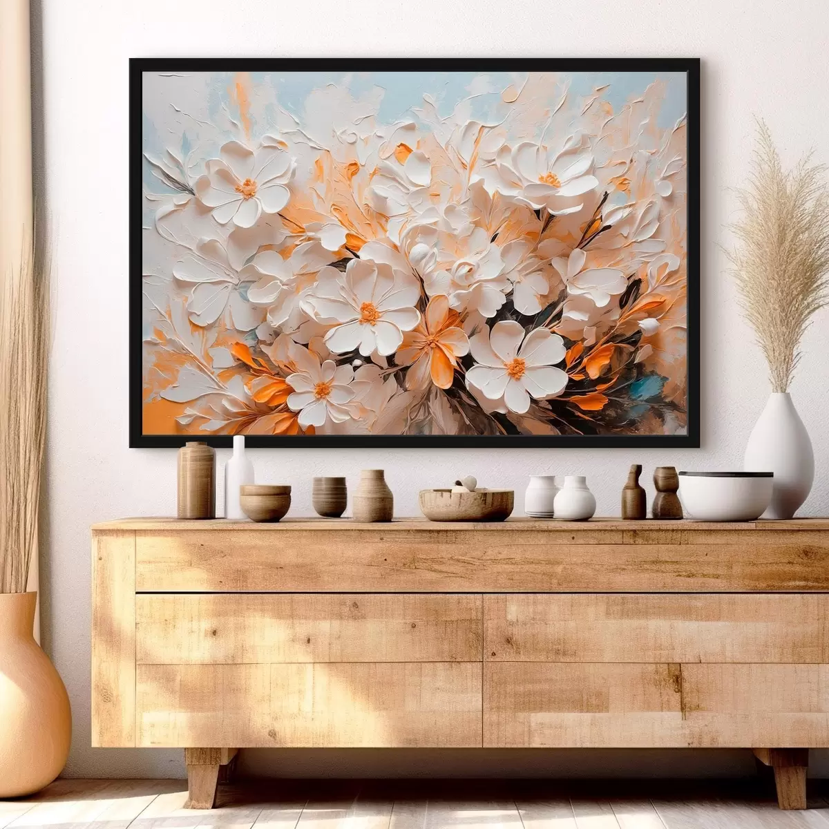 Affiche Fleurs blanches et pêche sur fond bleu avec des pastels f44879