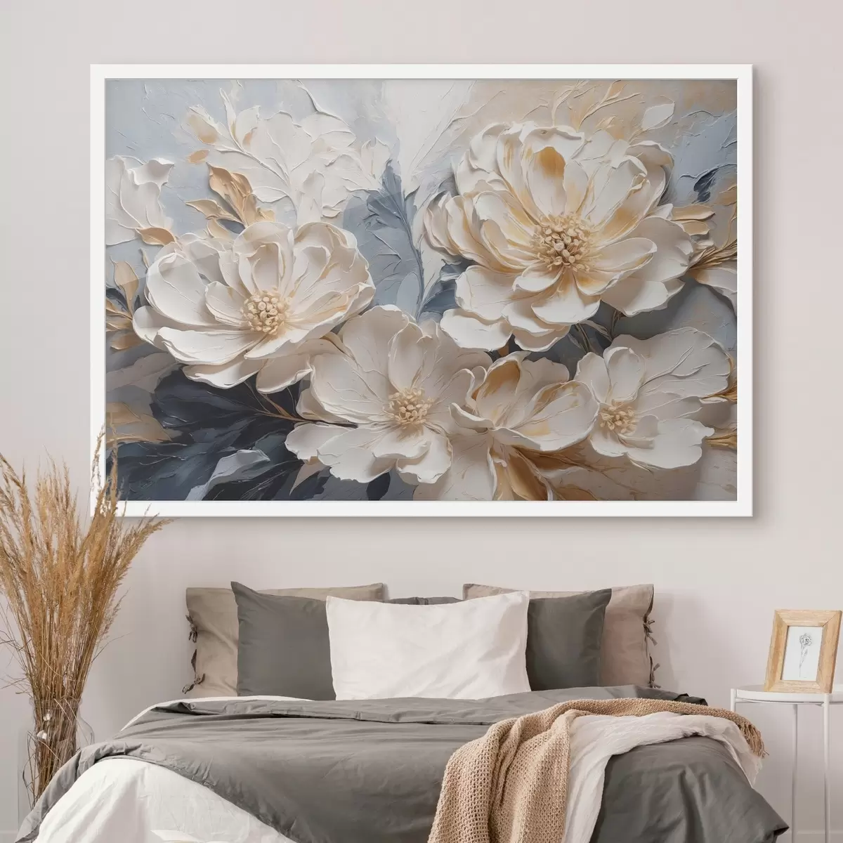 Poster Volumetrische crèmekleurige pioenrozen op een lichtblauwe achtergrond f44880