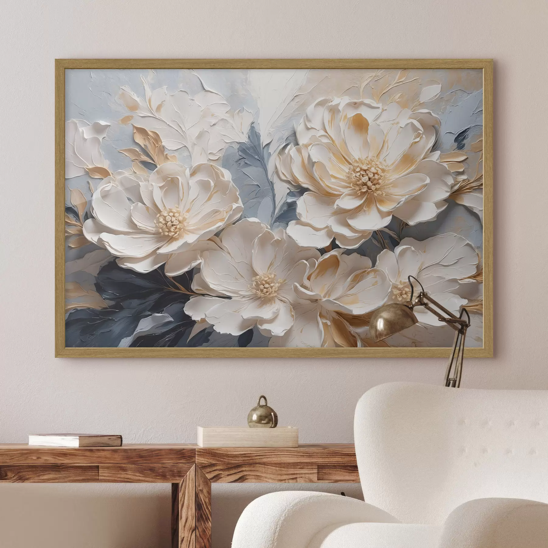 Papier peint photo Pivoines crème volumineuses sur fond bleu clair f44880
