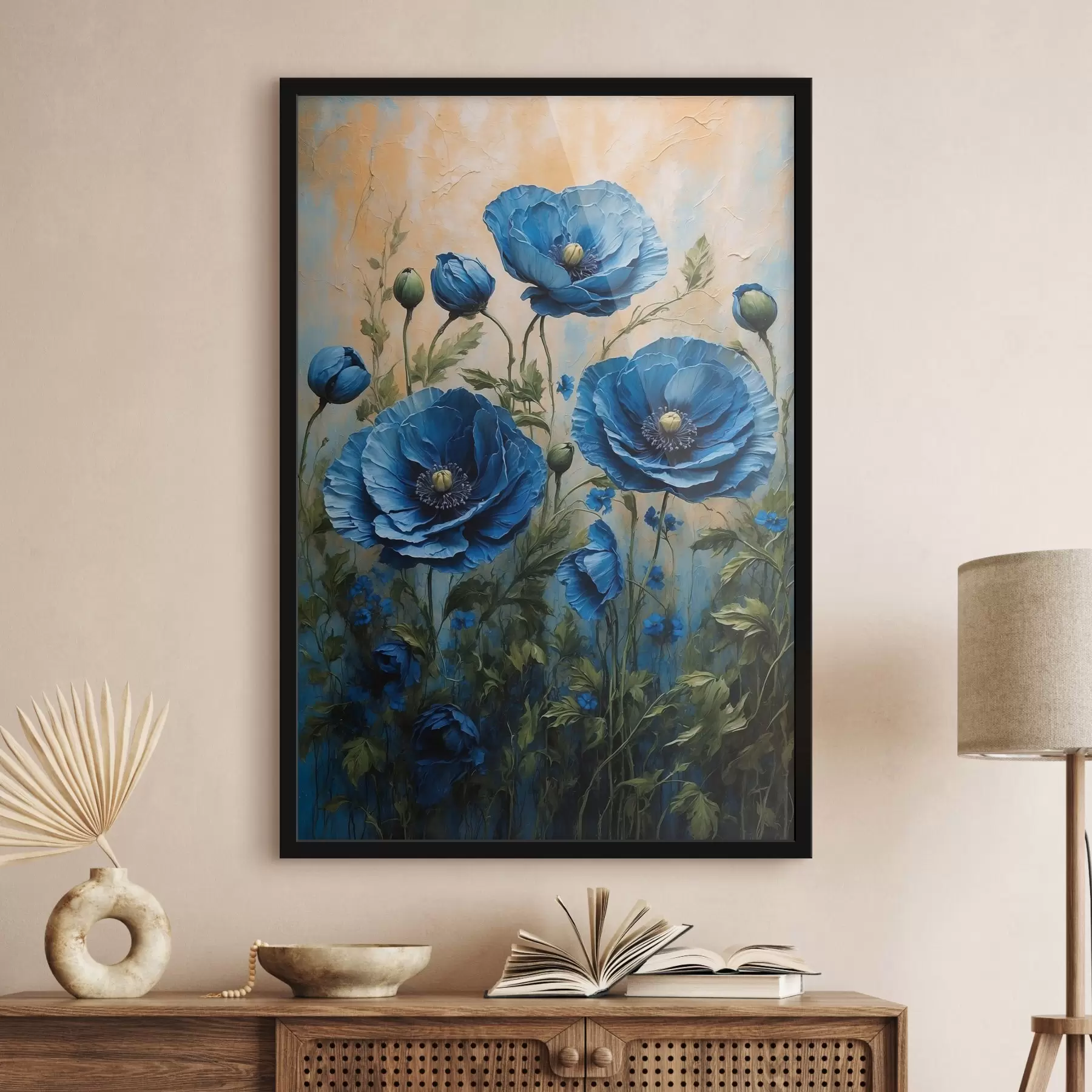 Papier peint photo Coquelicots bleus sur fond pastel avec des feuilles f44882