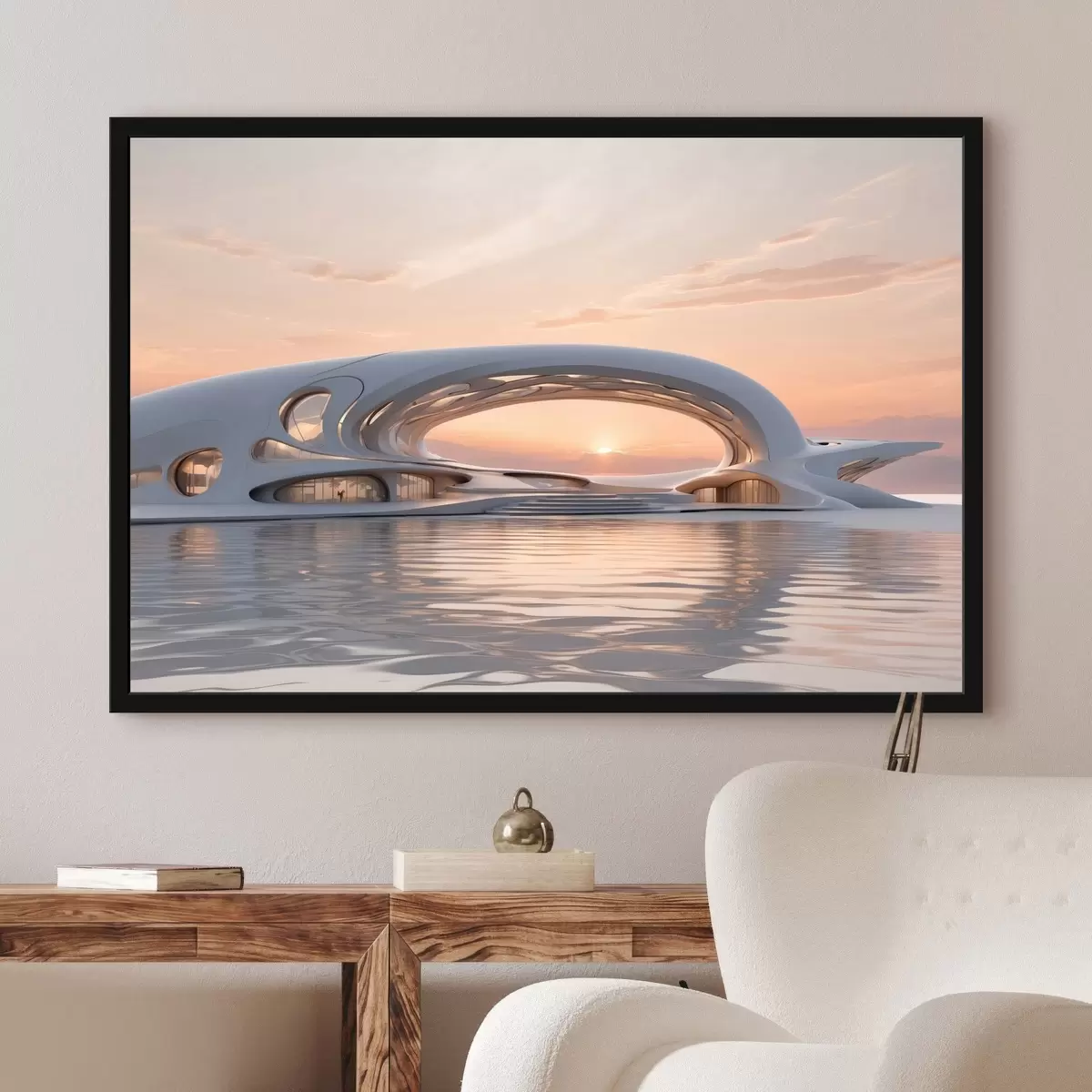 Affiche Bâtiment futuriste sur l'eau sur fond de coucher de soleil rose f44884