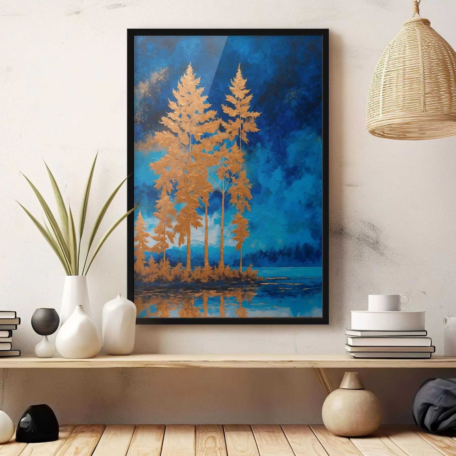Fotobehang Bomen op de achtergrond van nachtelijke hemel in blauwe tinten f44888
