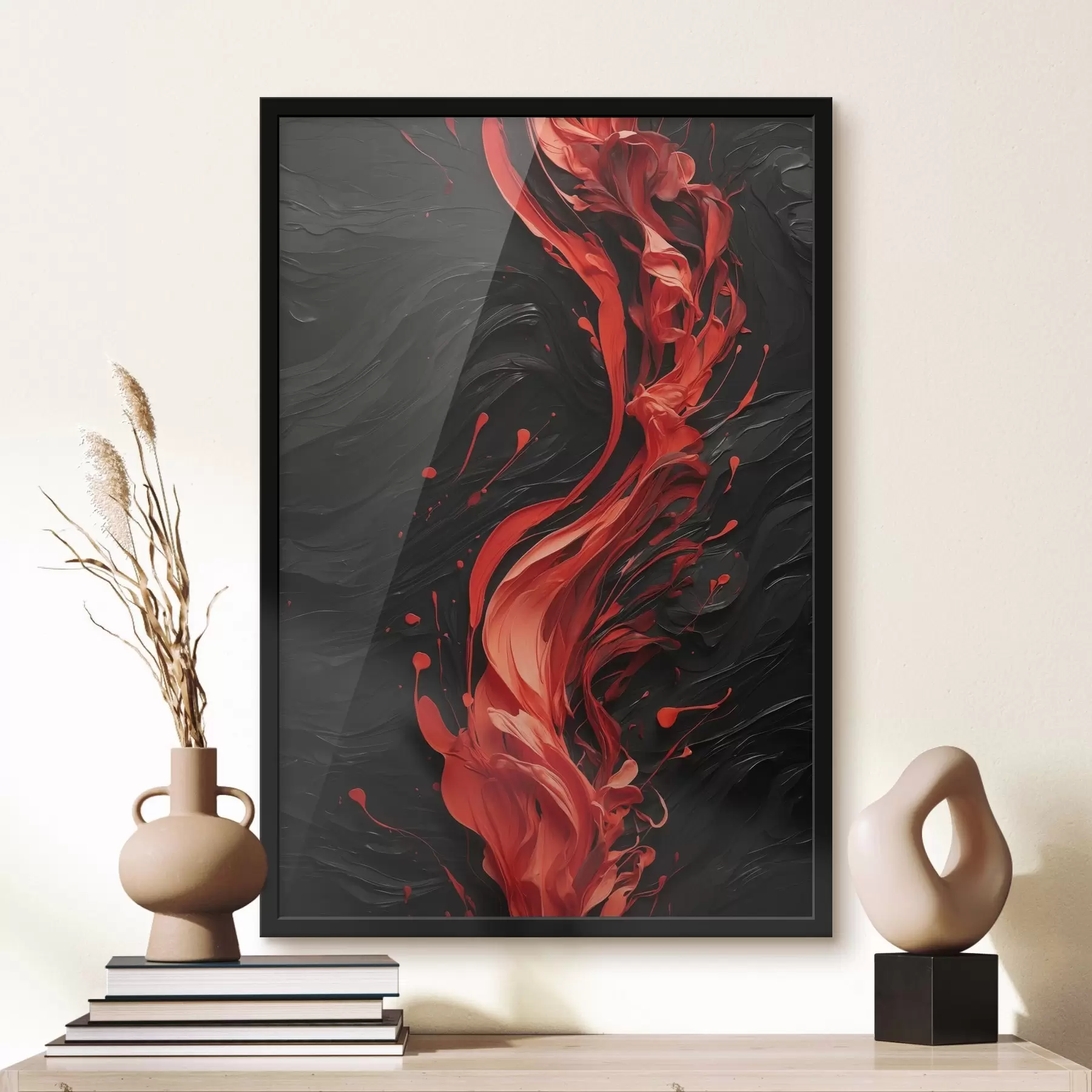 Fotobehang Rode verfstroom op zwarte abstracte achtergrond f44889