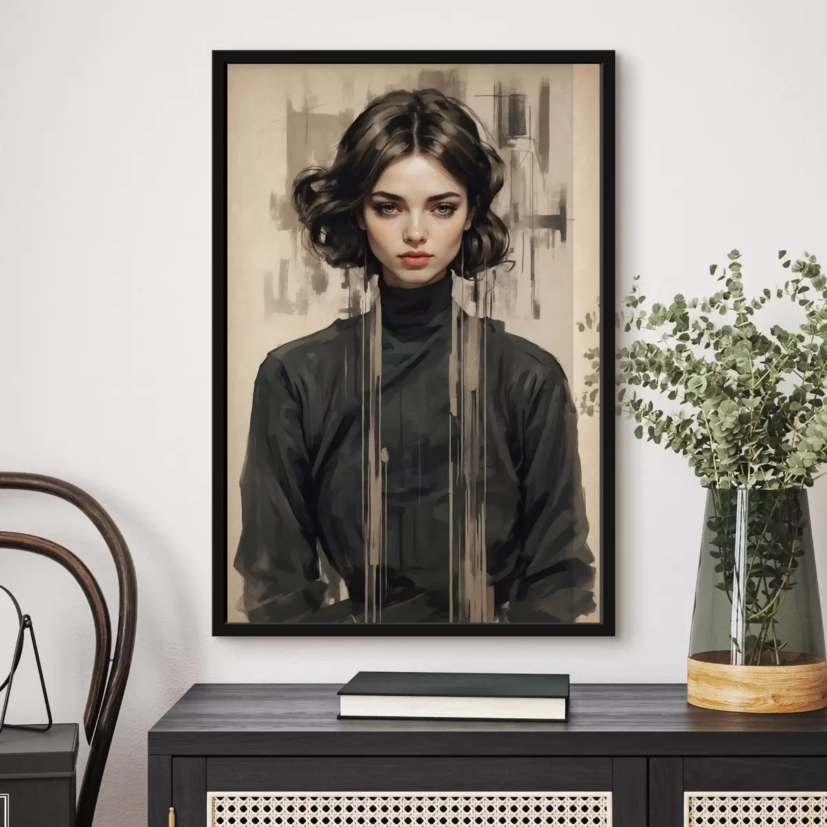 Poster Portret van een vrouw met kort donker haar op abstracte achtergrond f44890