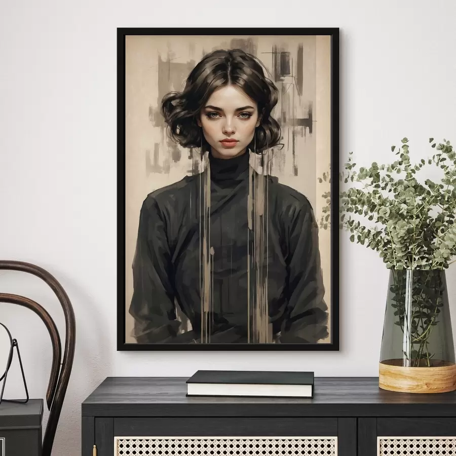 Fotobehang Portret van een vrouw met kort donker haar op abstracte achtergrond f44890