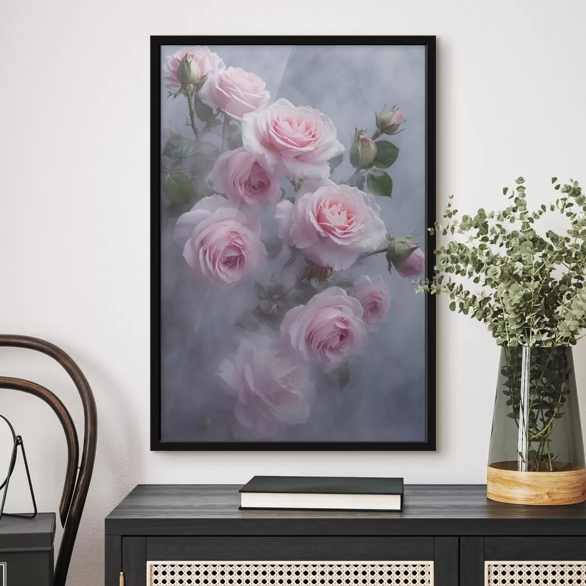Affiche Roses roses dans le brouillard avec des feuilles vertes f44892