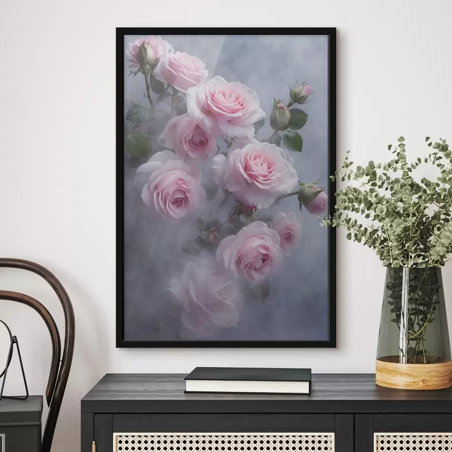 Papier peint photo Roses roses dans le brouillard avec des feuilles vertes f44892
