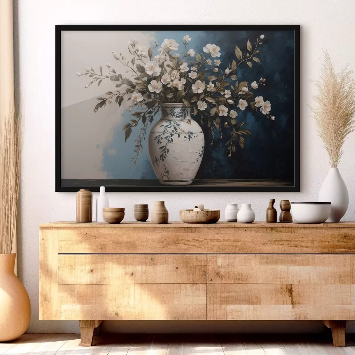 Poster Witte en gele bloemen in een grote vaas op een blauwe achtergrond f44893