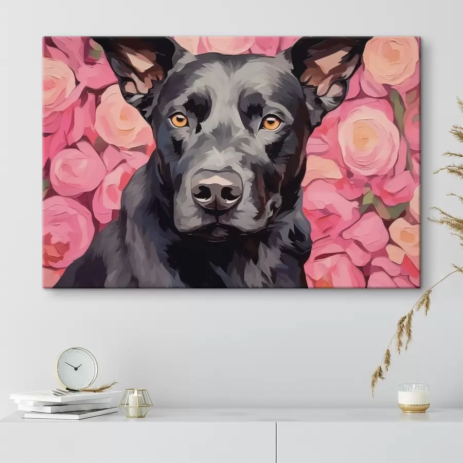  Peintures Chien noir sur fond de roses abstraites s44817