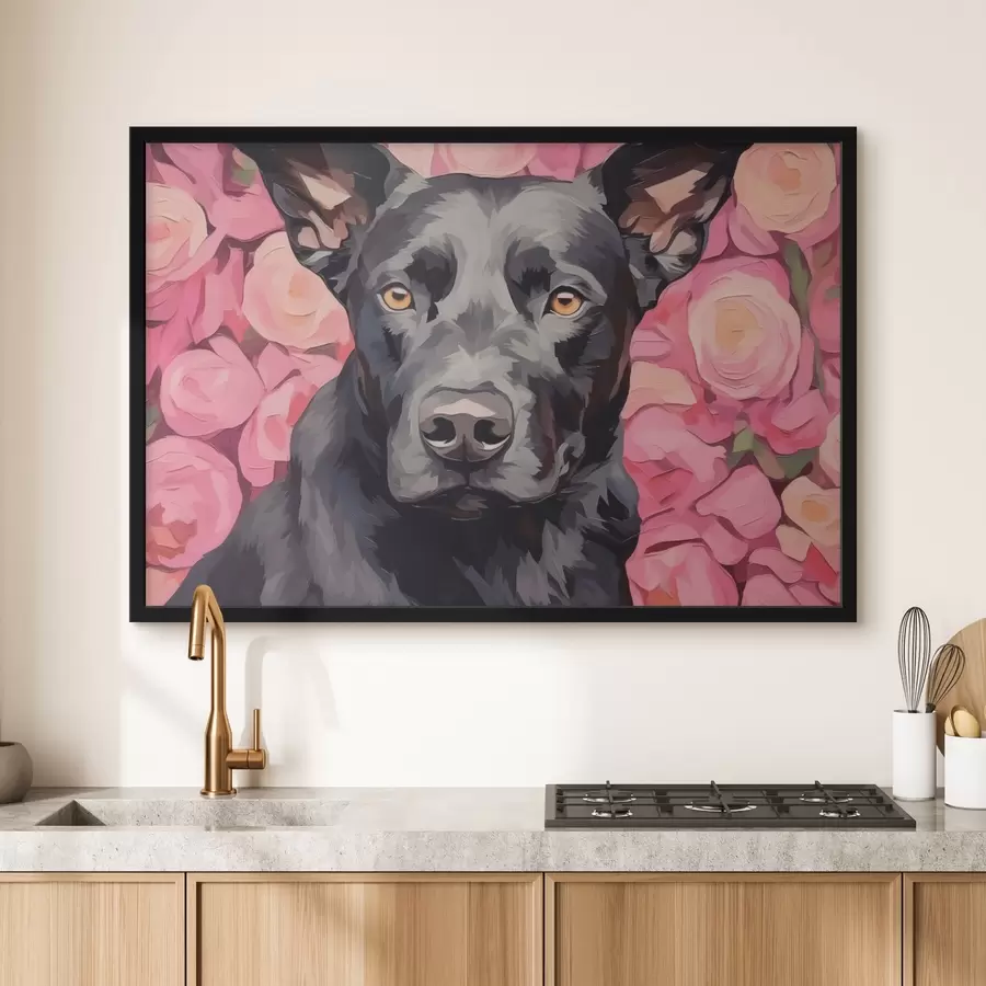 Fotobehang Zwarte hond op abstracte rozenachtergrond f44817