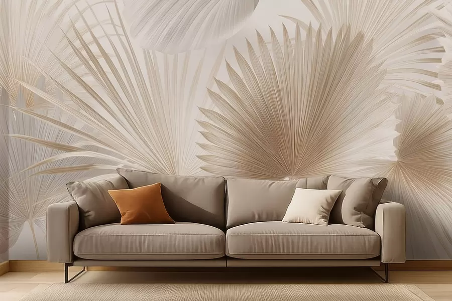 Papier peint photo Éventails de feuilles tropicales douces dans des tons beige clair et bleutés w09084