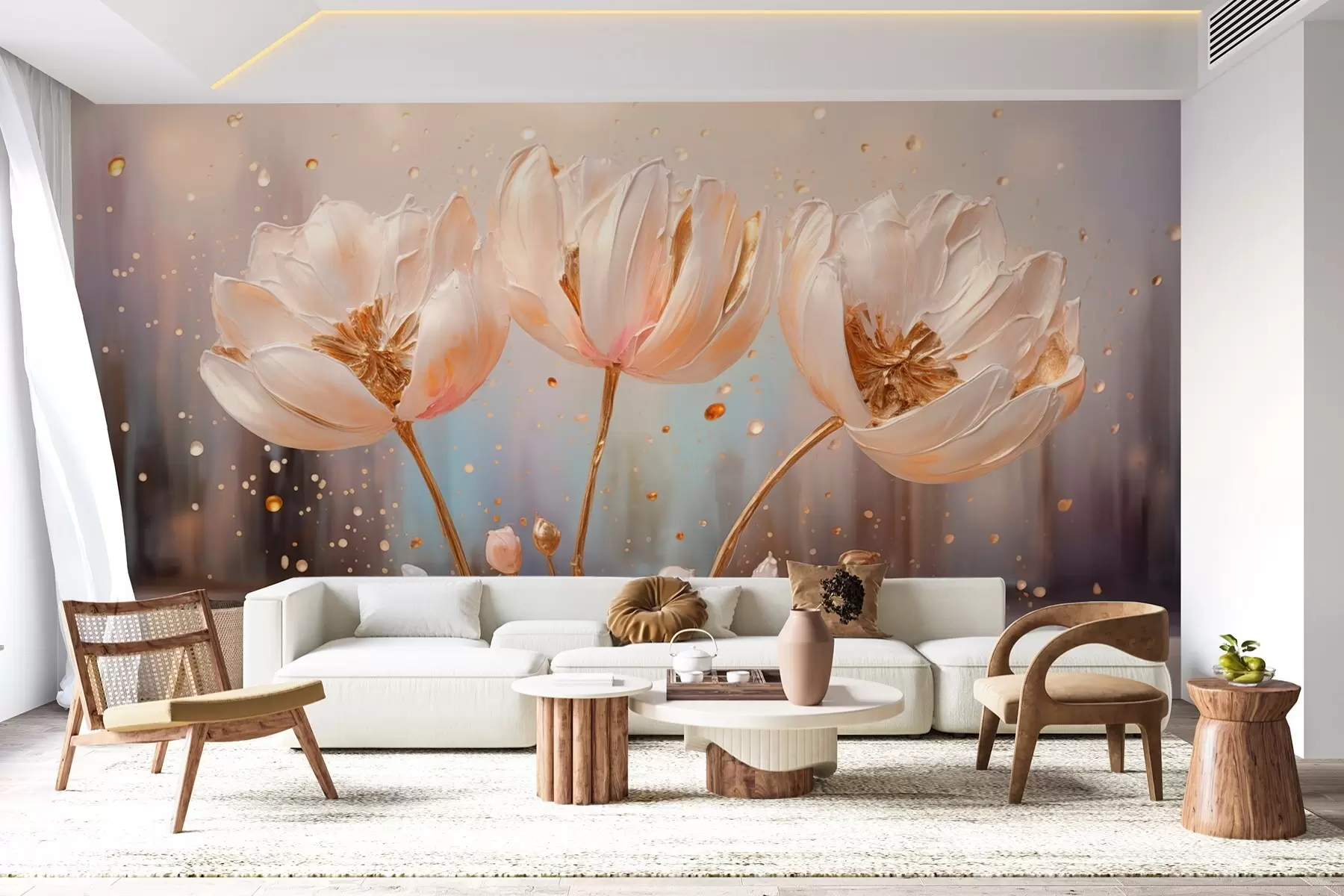 Fotobehang Delicate volumineuze bloemen bij zonsopgang w09148