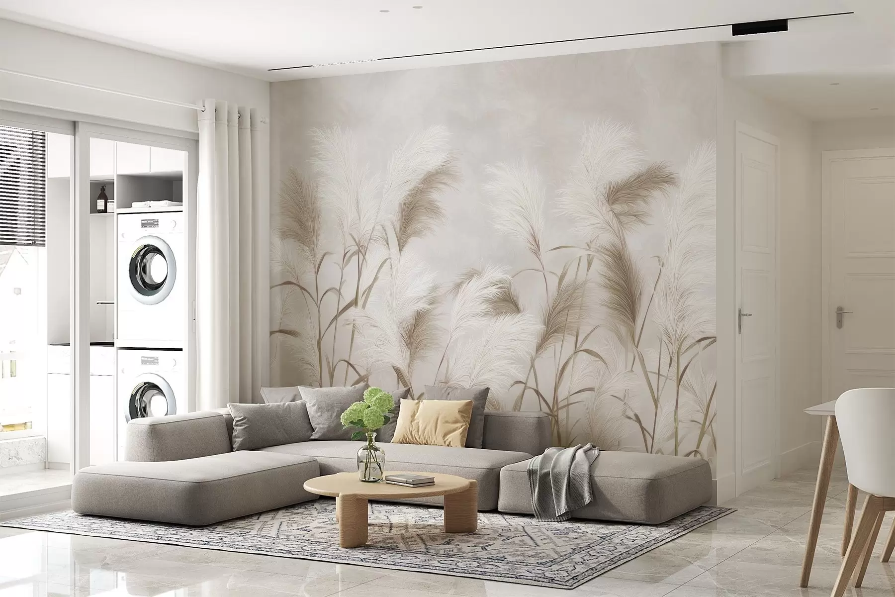 Papier peint photo L'élégante herbe de la pampa fleurit dans des tons gris et bruns w09150