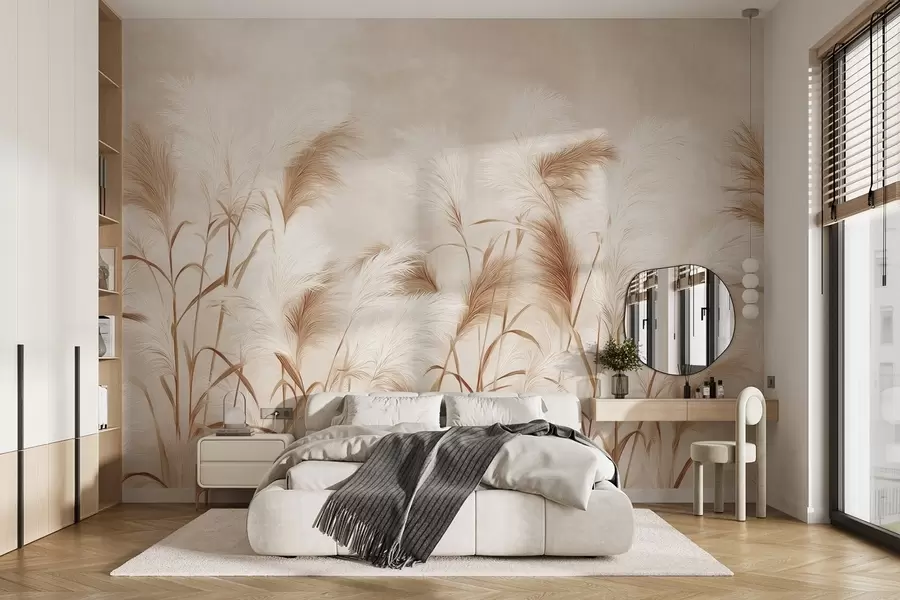 Fotobehang Sierlijke pampagrasbloemen in zacht beige en melkachtige tinten w09150v1
