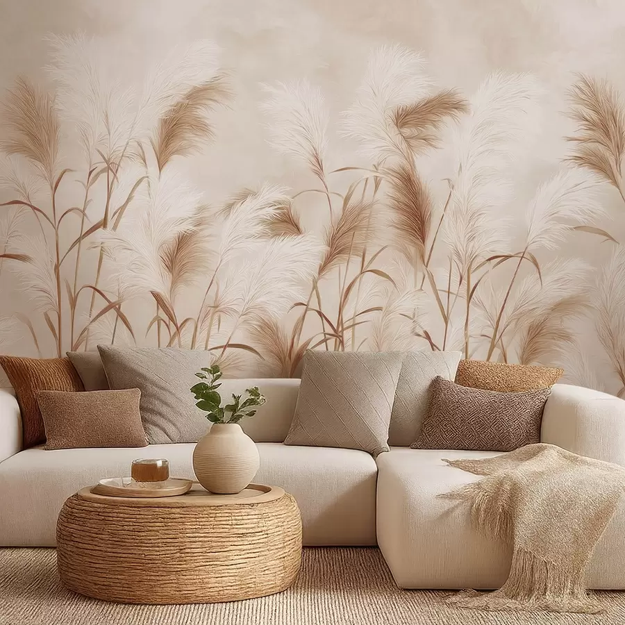 Fotobehang Sierlijke pampagrasbloemen in zacht beige en melkachtige tinten w09150v1