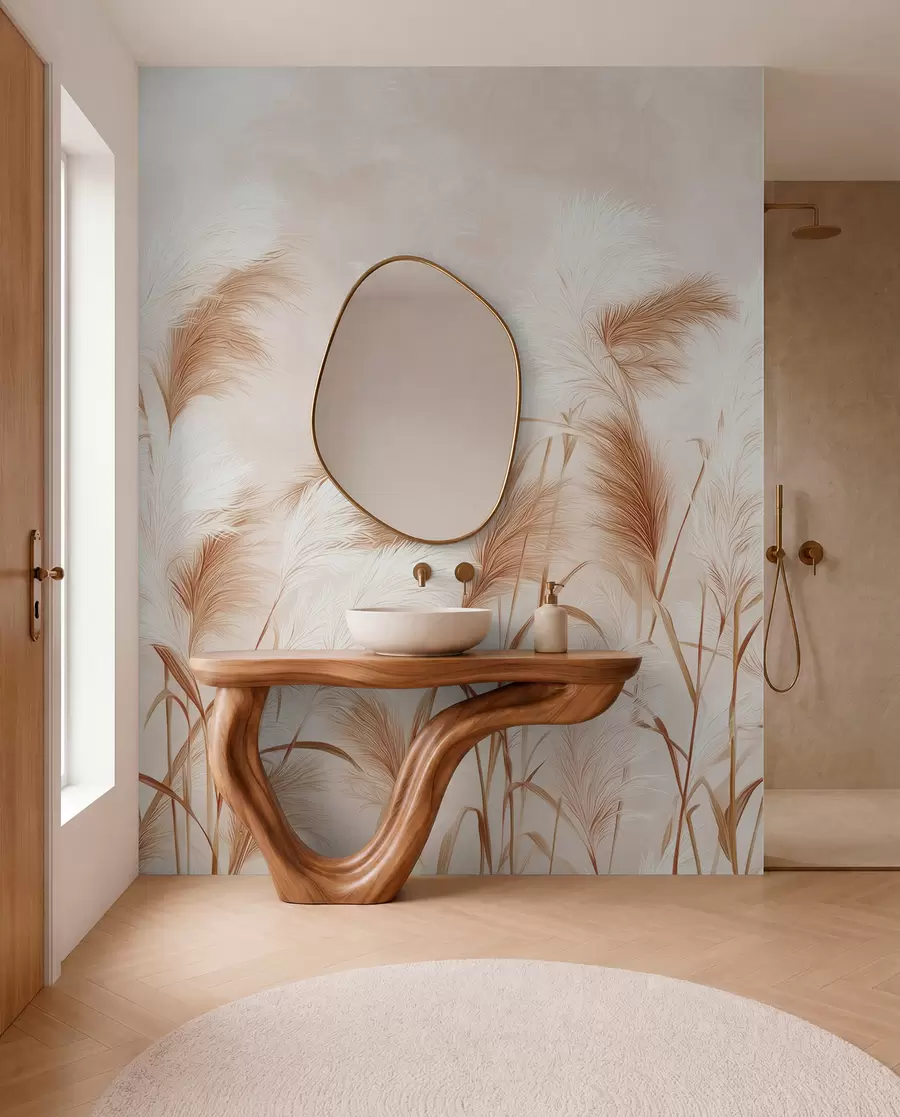 Fotobehang Sierlijke pampagrasbloemen in zacht beige en melkachtige tinten w09150v1