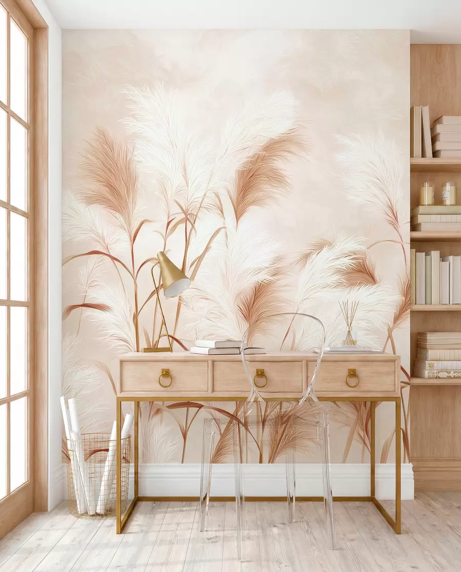 Fotobehang Sierlijke pampagrasbloemen in zacht beige en melkachtige tinten w09150v1