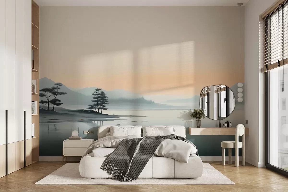 Fotobehang Minimalistisch landschap met mistige bergen en een meer w09151