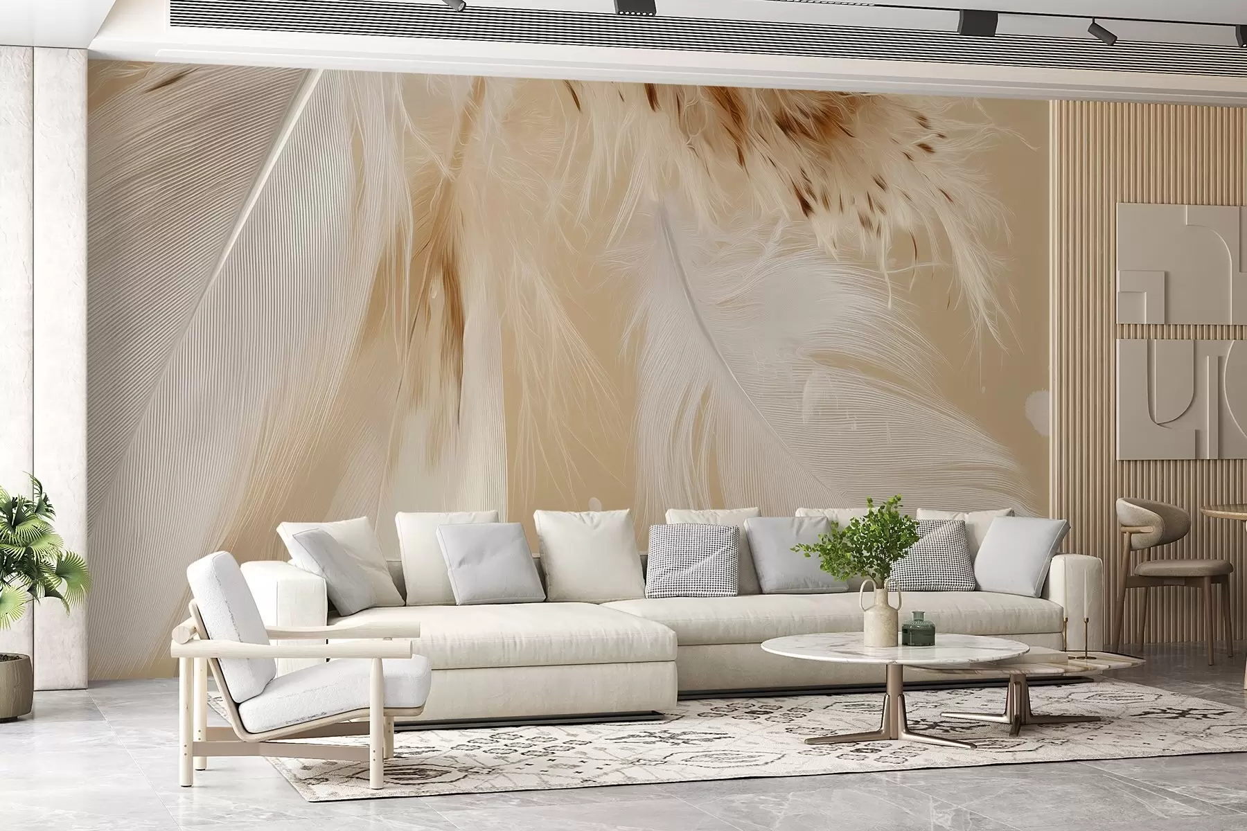 Fotobehang Lichte veren in warme beige en witte tinten w09153