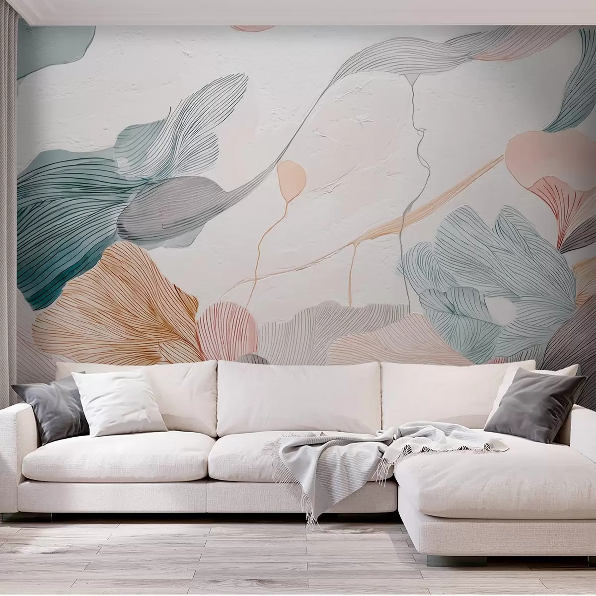 Fotobehang Abstracte grafische bladeren in warme pasteltinten w09222