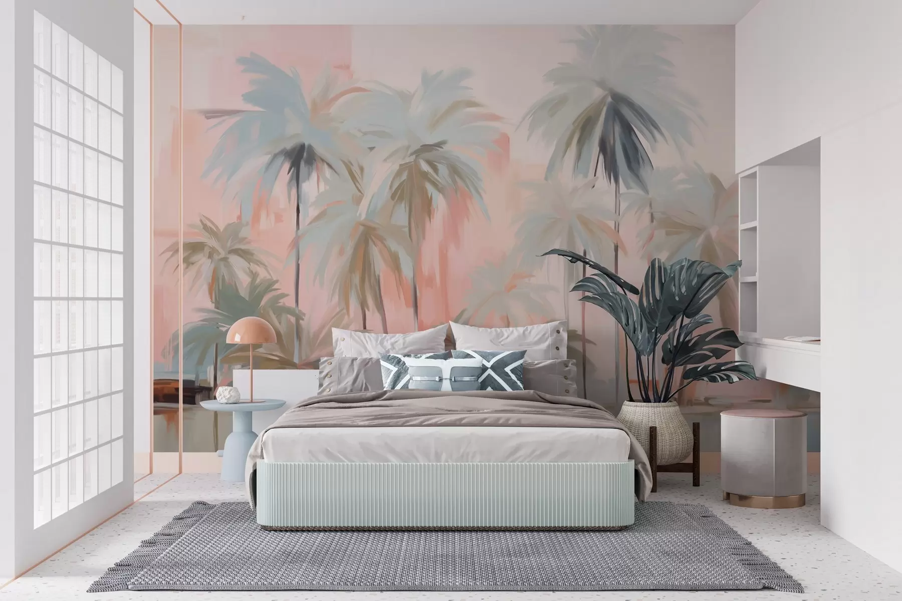 Fotobehang Abstracte minimalistische pastel tropische palmbomen tegen een achtergrond van zachtroze en perziktinten w09212