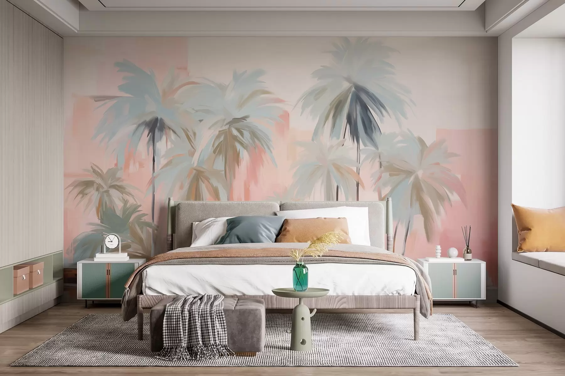 Fotobehang Abstracte minimalistische pastel tropische palmbomen tegen een achtergrond van zachtroze en perziktinten w09212
