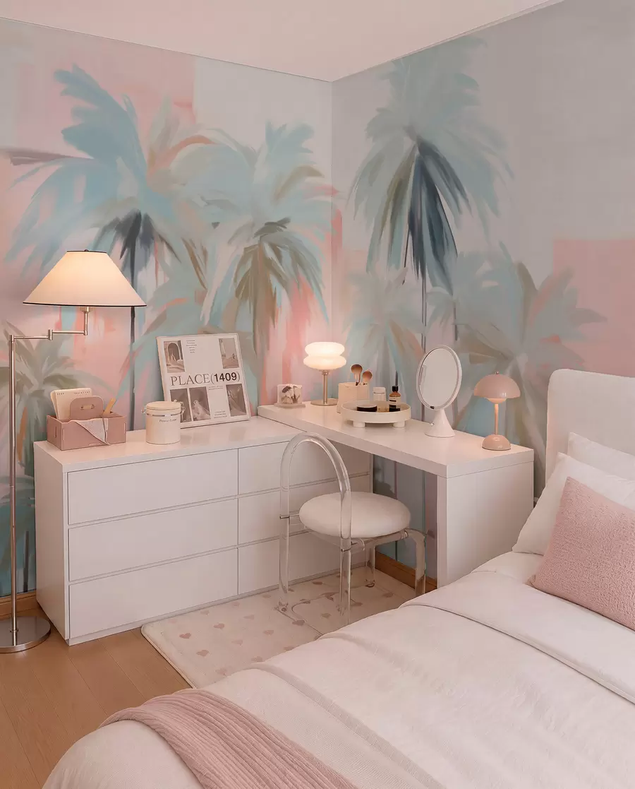 Papier peint photo Palmiers tropicaux abstraits, minimalistes et pastel, sur fond de teintes douces de rose et de pêche w09212