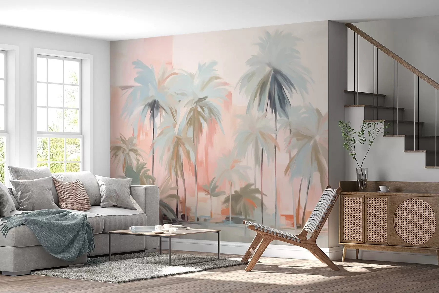 Fotobehang Abstracte minimalistische pastel tropische palmbomen tegen een achtergrond van zachtroze en perziktinten w09212