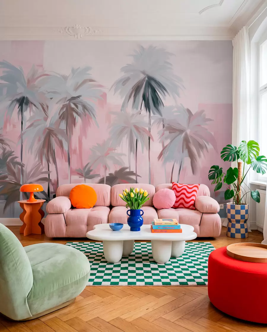 Fotobehang Abstracte minimalistische pastel tropische palmbomen, tegen een achtergrond van gedempt roze en grijze tinten w09212v1