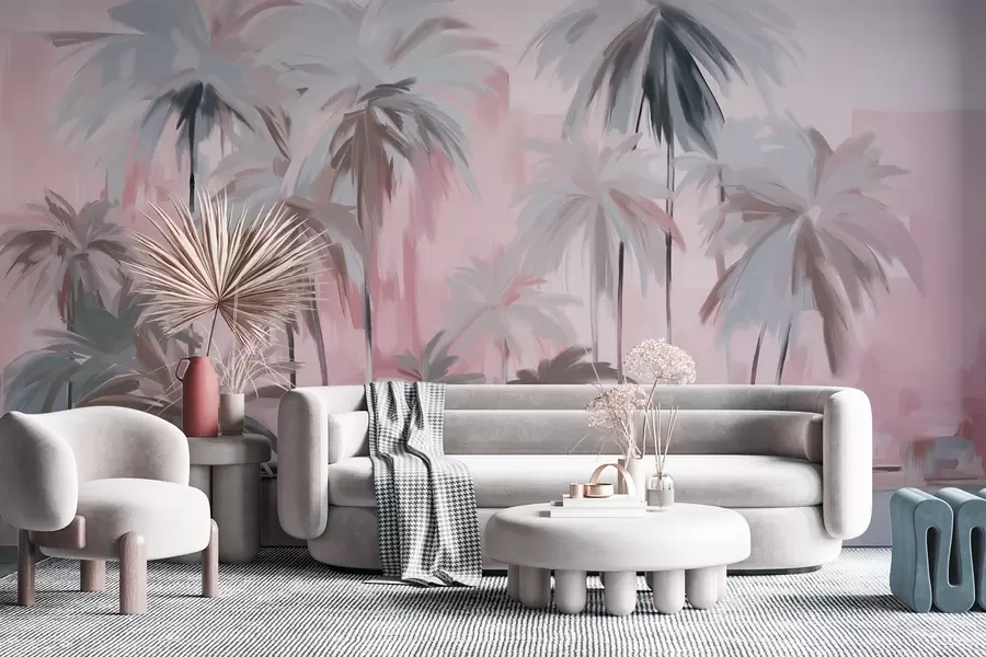 Fotobehang Abstracte minimalistische pastel tropische palmbomen, tegen een achtergrond van gedempt roze en grijze tinten w09212v1