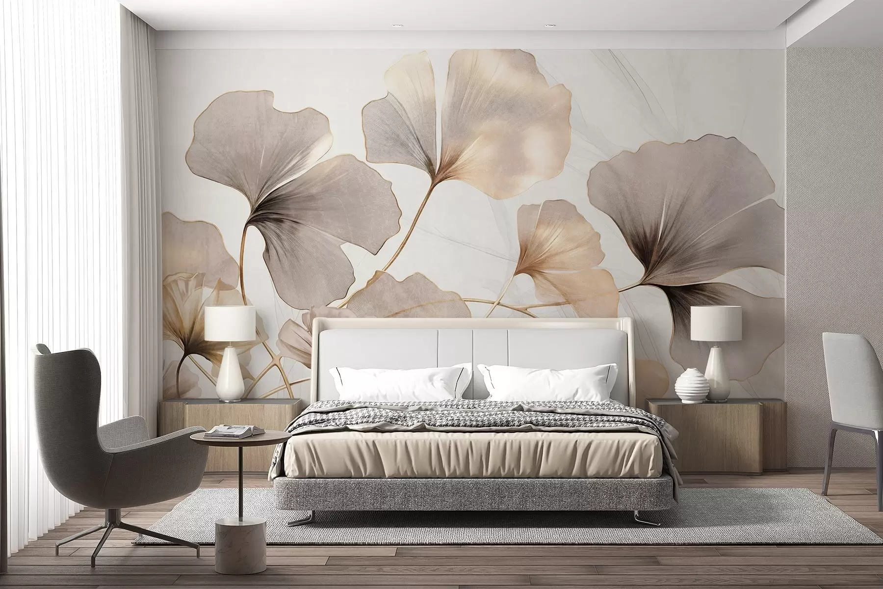 Fotobehang Ginkgo biloba bladeren in beige, gele en bruine tinten, delicaat aquareleffect met textuur, lichte achtergrond w09215