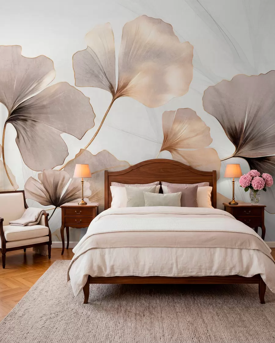 Fotobehang Ginkgo biloba bladeren in beige, gele en bruine tinten, delicaat aquareleffect met textuur, lichte achtergrond w09215