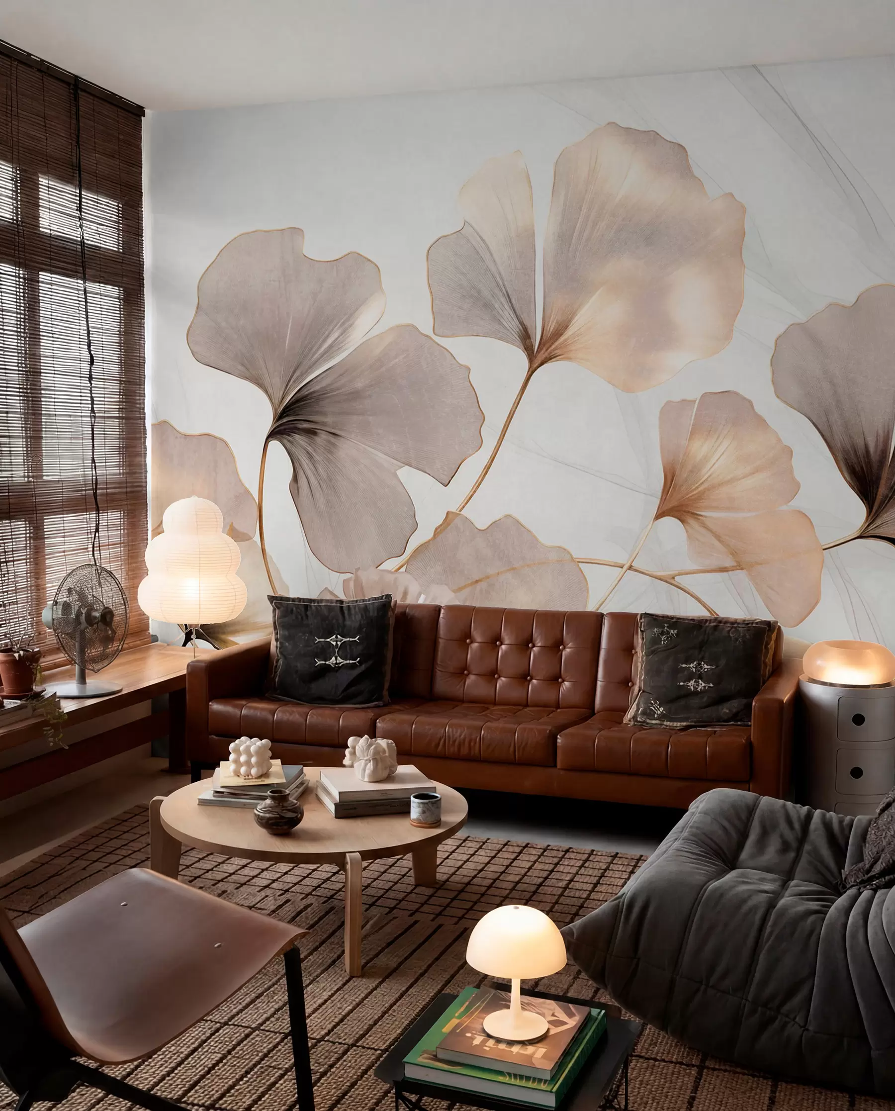 Fotobehang Ginkgo biloba bladeren in beige, gele en bruine tinten, delicaat aquareleffect met textuur, lichte achtergrond w09215