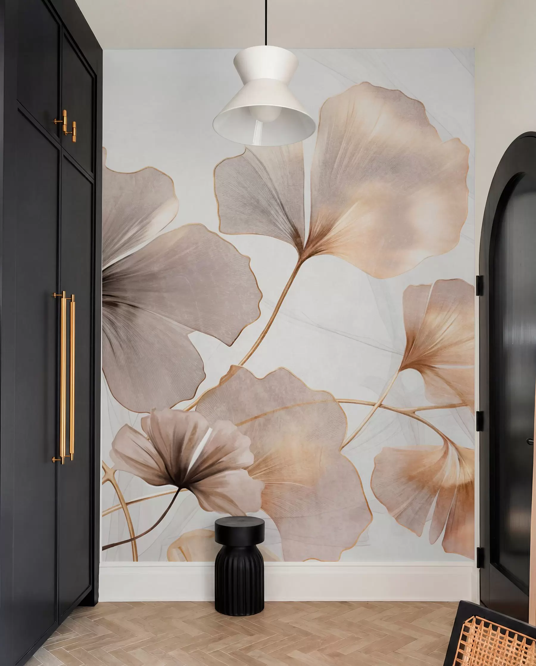 Fotobehang Ginkgo biloba bladeren in beige, gele en bruine tinten, delicaat aquareleffect met textuur, lichte achtergrond w09215