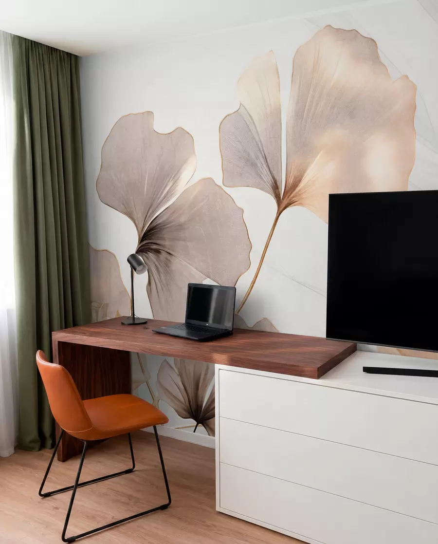Fotobehang Ginkgo biloba bladeren in beige, gele en bruine tinten, delicaat aquareleffect met textuur, lichte achtergrond w09215