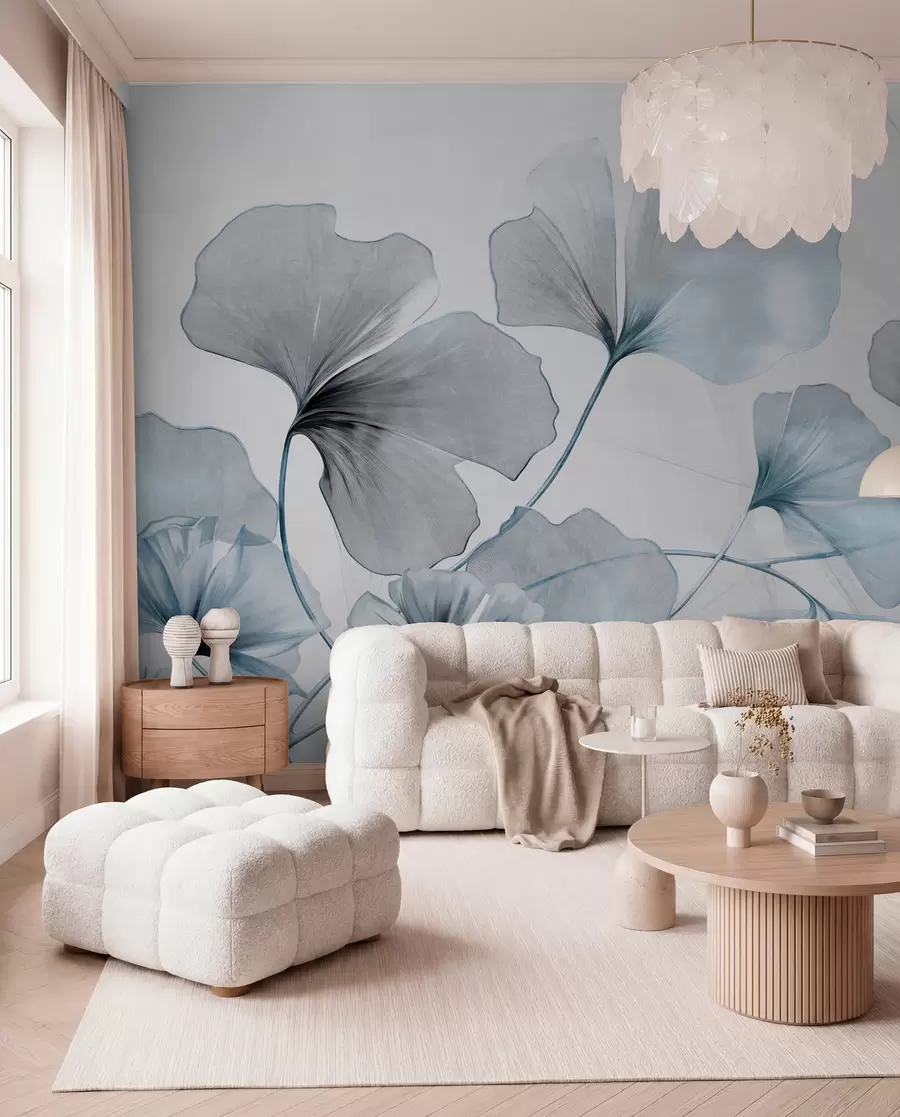 Fotobehang Ginkgo biloba bladeren in gedempte blauwe en grijze tinten, delicaat aquareleffect met textuur, lichte achtergrond w09215v1