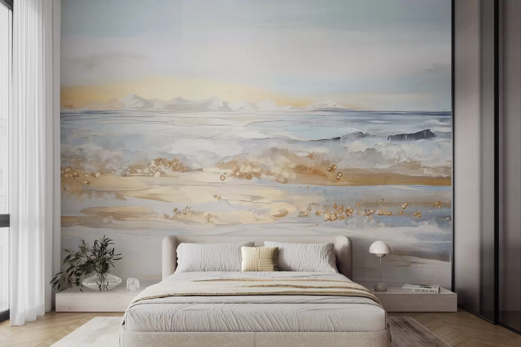 Papier peint photo Paysage abstrait texturé, vagues de l'océan s'écrasant sur une plage de sable, couleurs pastel douces, ciel bleu avec nuages légers w09234