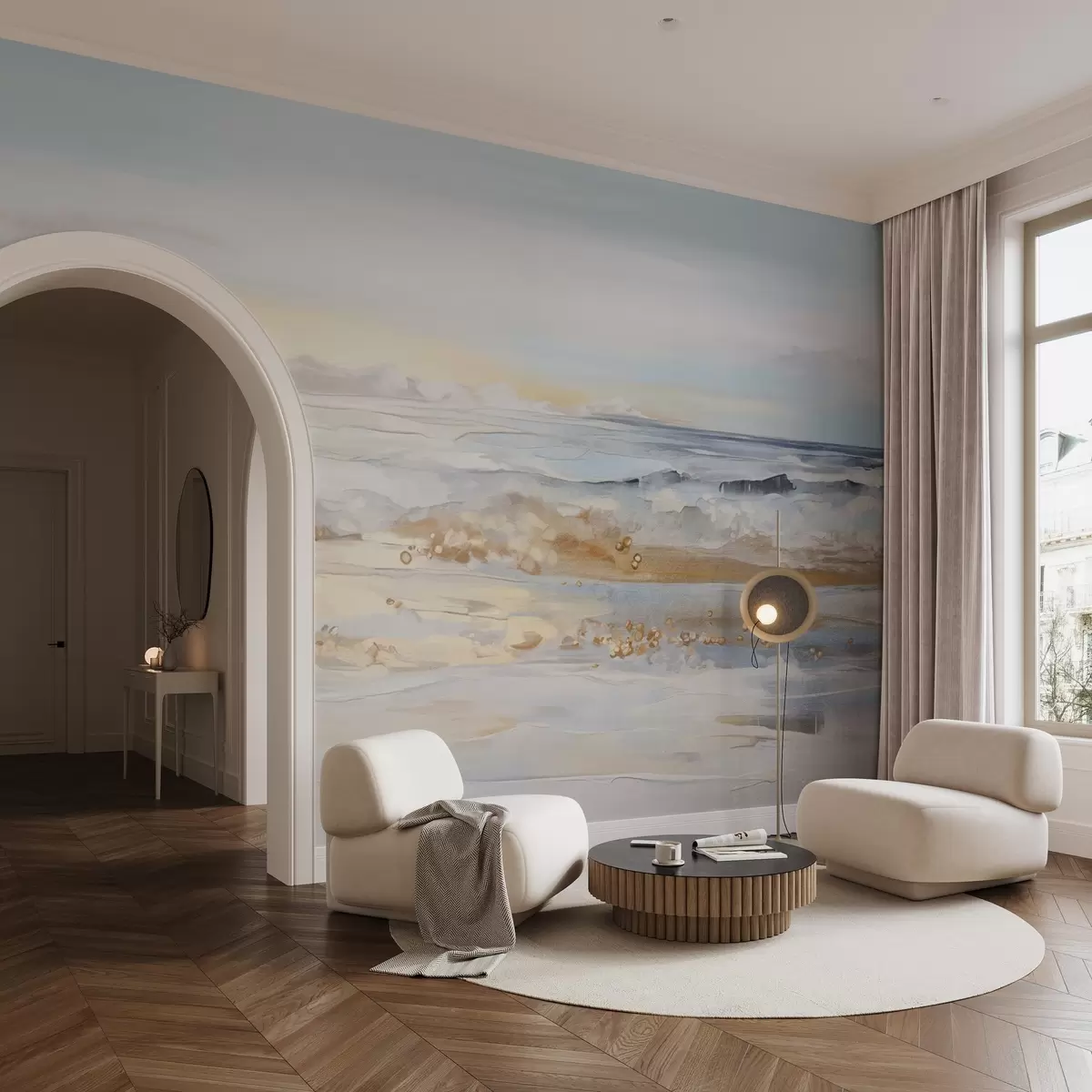 Fotobehang Abstract getextureerd landschap oceaan golven crashen op een zandstrand, zachte pastelkleuren, blauwe lucht met lichte wolken w09234