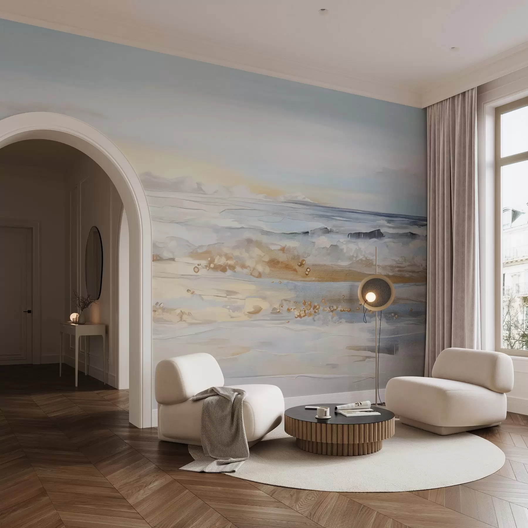 Papier peint photo Paysage abstrait texturé, vagues de l'océan s'écrasant sur une plage de sable, couleurs pastel douces, ciel bleu avec nuages légers w09234