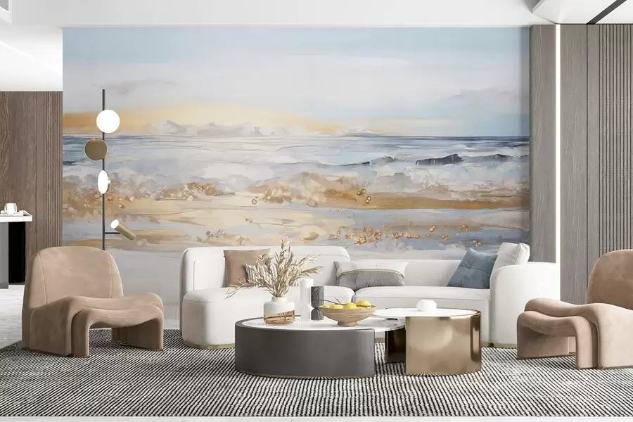Fotobehang Abstract getextureerd landschap oceaan golven crashen op een zandstrand, zachte pastelkleuren, blauwe lucht met lichte wolken w09234