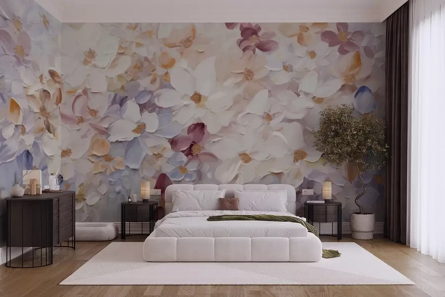 Fotobehang Olieverfschilderij imitatie van een bloementuin met witte, roze en oranje bloemen, zachte penseelstreken, pastel gedempte kleuren w09236