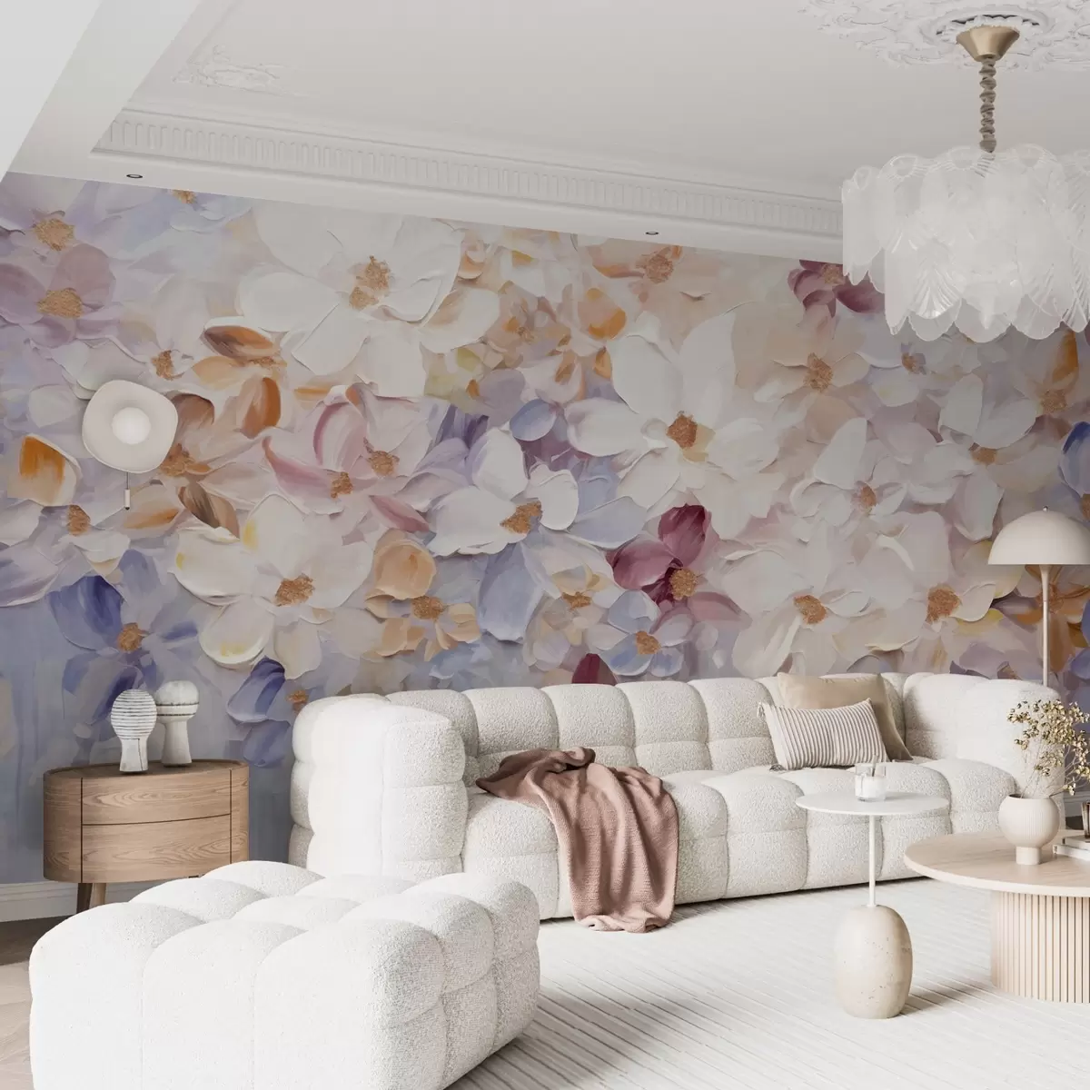 Fotobehang Olieverfschilderij imitatie van een bloementuin met witte, roze en oranje bloemen, zachte penseelstreken, pastel gedempte kleuren w09236