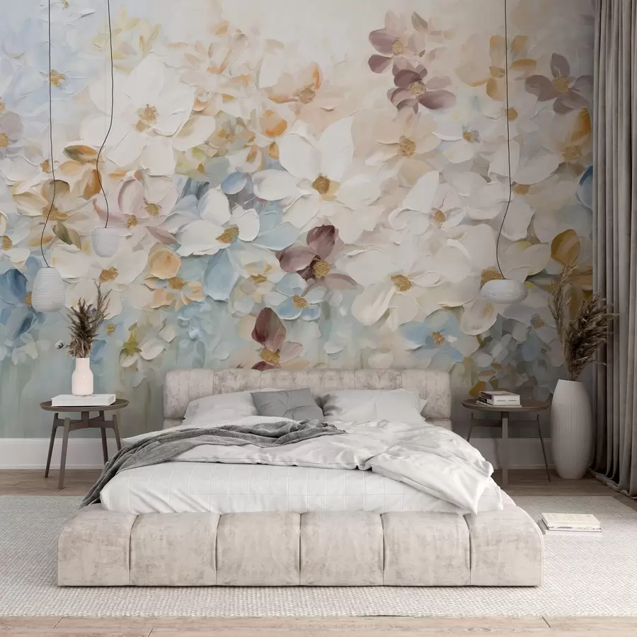 Fotobehang Olieverfschilderij imitatie van een bloementuin met witte, blauwe en oranje bloemen, zachte penseelstreken, pastel gedempte kleuren w09236v1