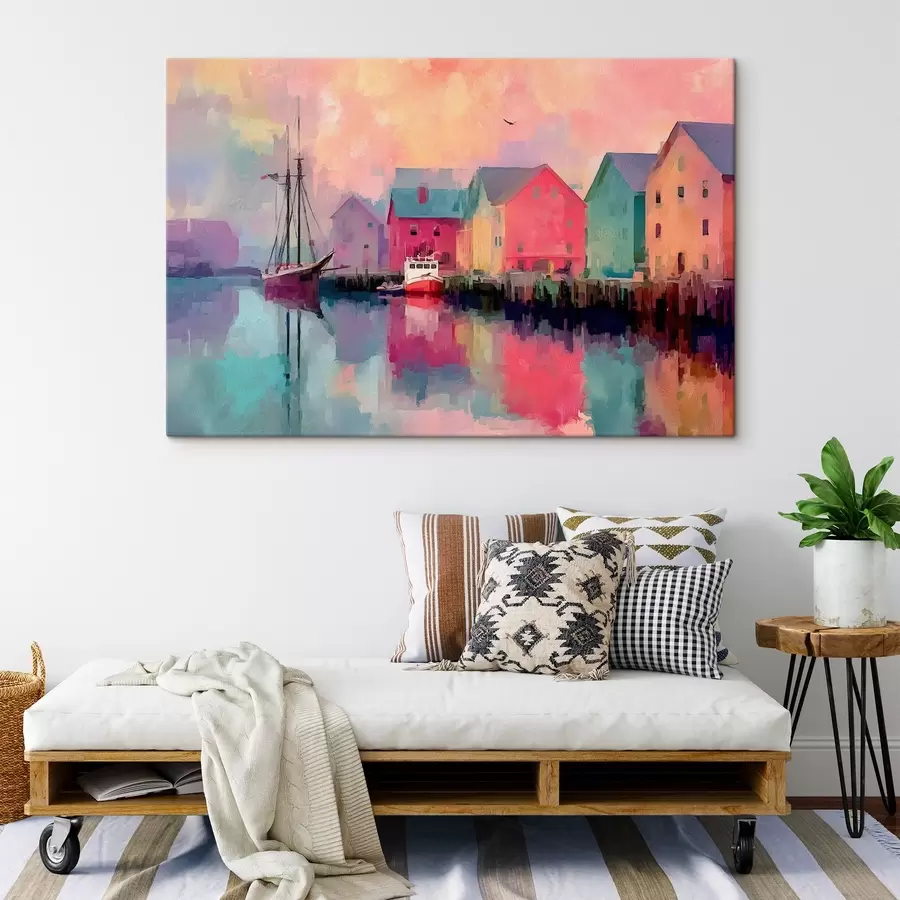  Peintures Maisons colorées au bord de l'eau en style coup de pinceau s44837