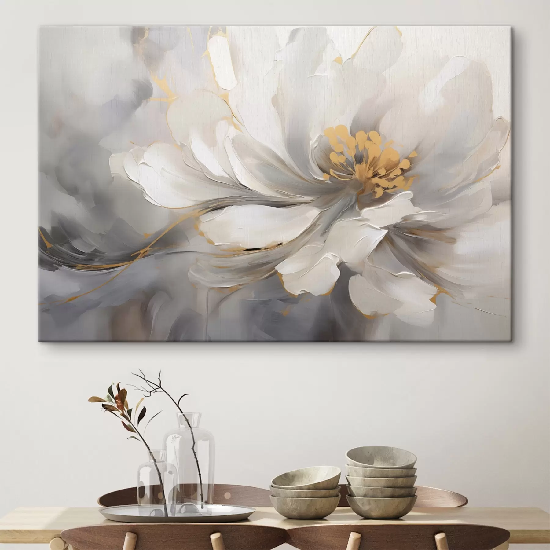 Fotobehang Witte bloem met accenten in abstracte stijl s44838