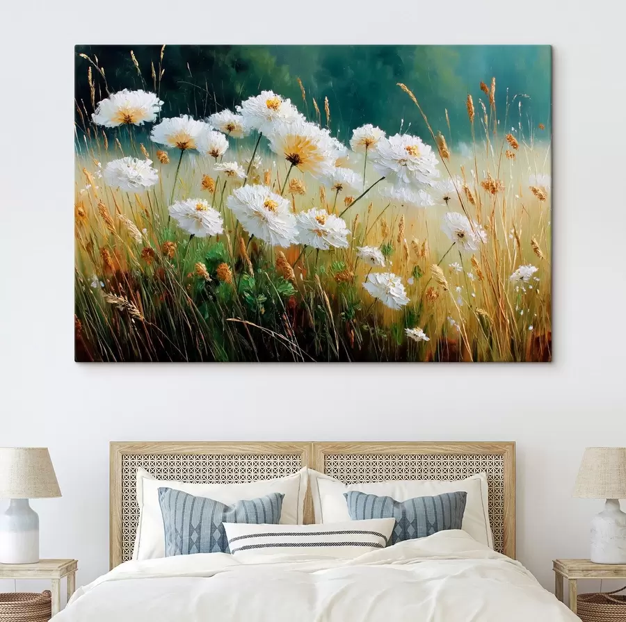  Schilderijen Witte bloemen in een weide in olieverfstijl s44842